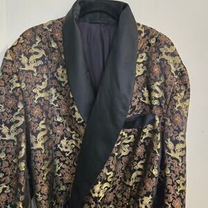 Brocade Silk Mens Robe Black Gold Dragons and Floral Design Custom Made Lined